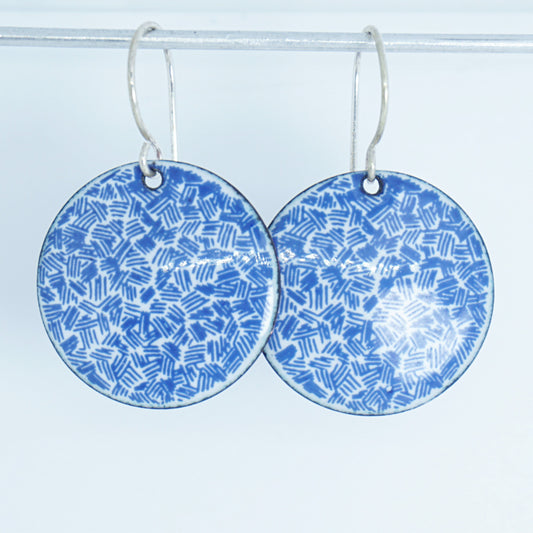 Blue Accents on White Enamel Disc Earrings