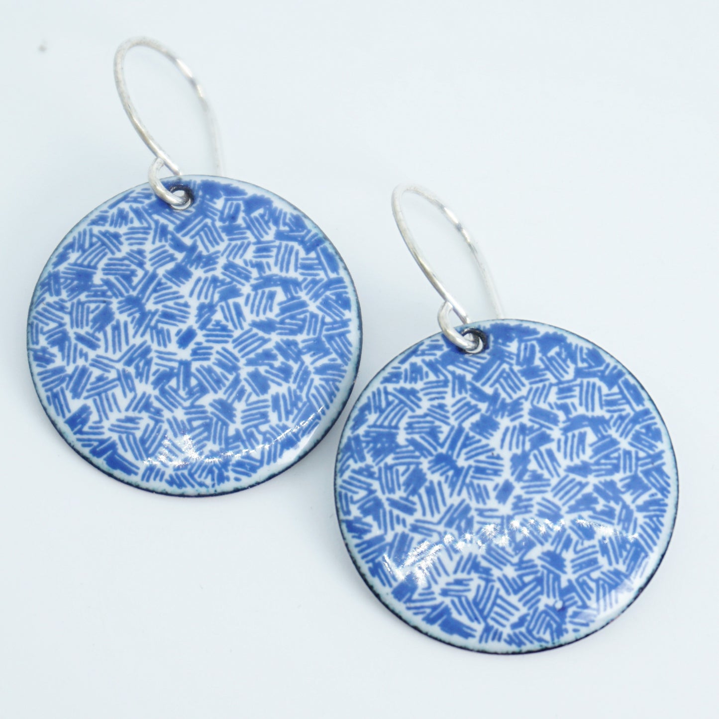Blue Accents on White Enamel Disc Earrings