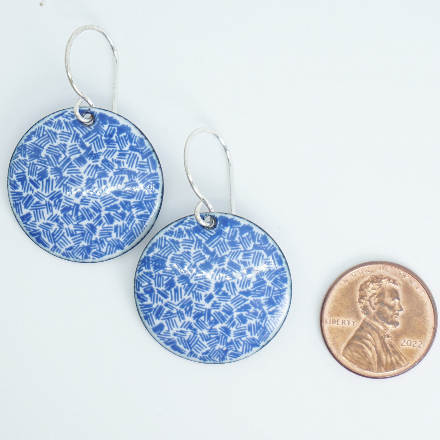 Blue Accents on White Enamel Disc Earrings