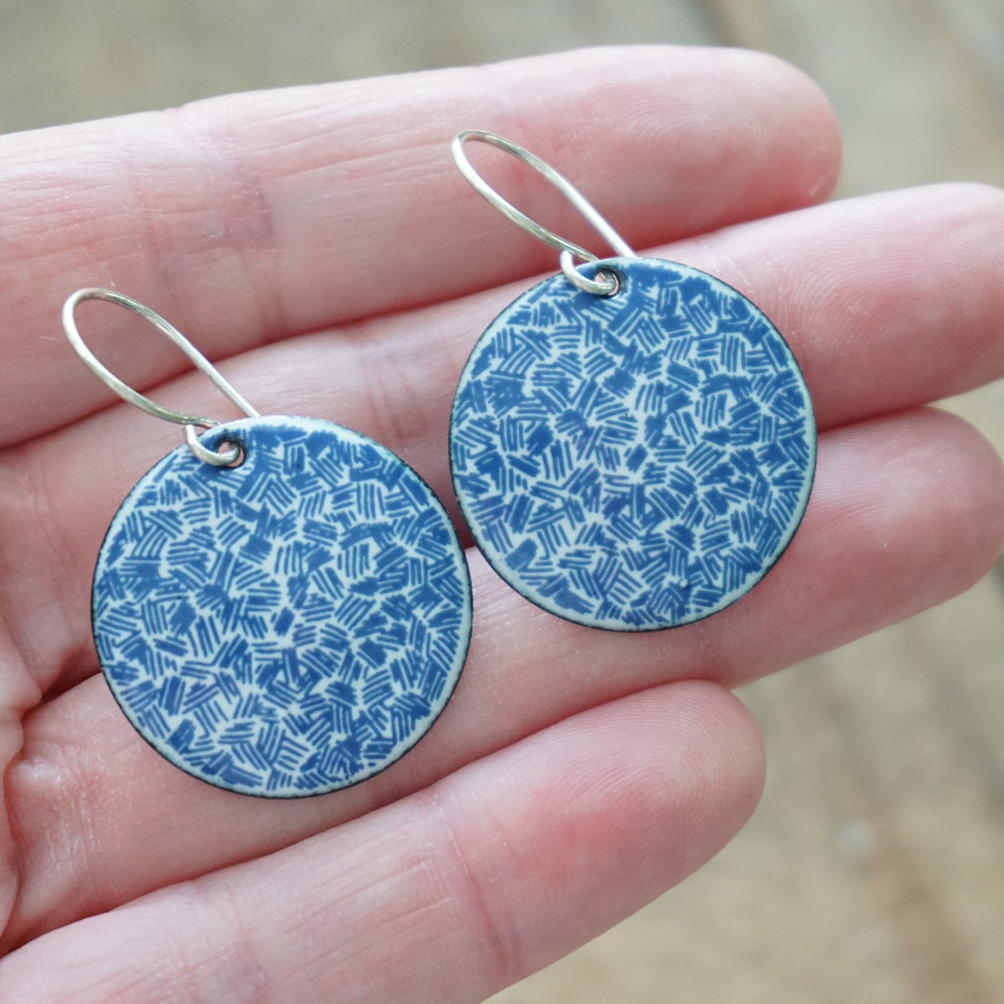 Blue Accents on White Enamel Disc Earrings