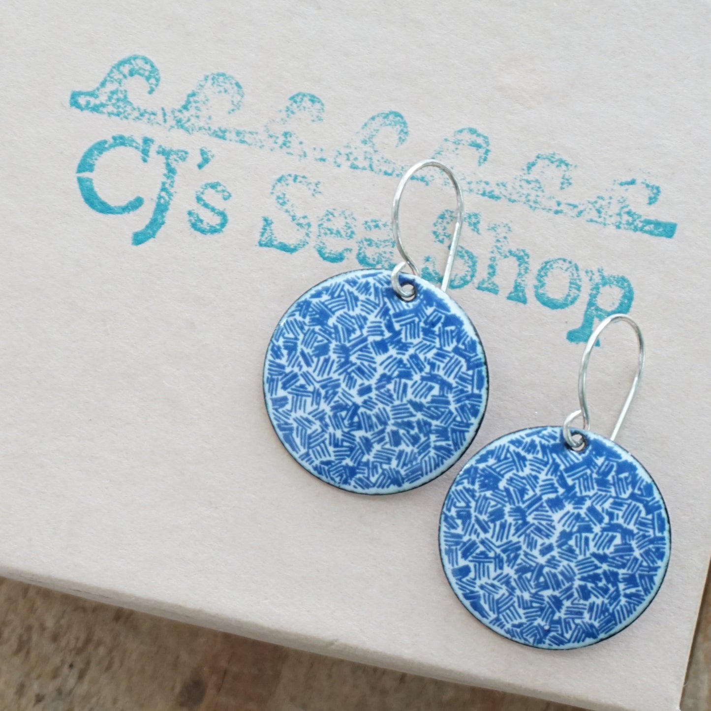 Blue Accents on White Enamel Disc Earrings