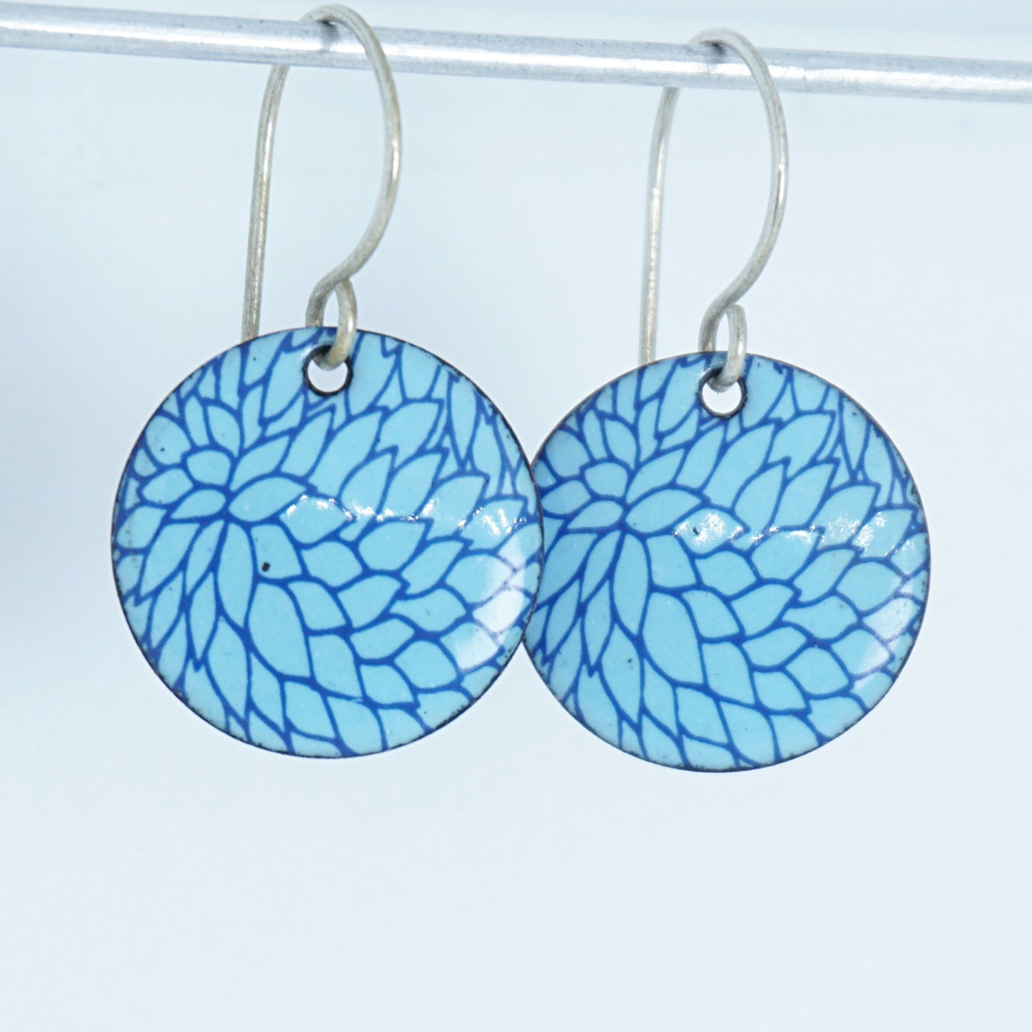 Blue Flower Accents on Light Blue Enamel Disc Earrings