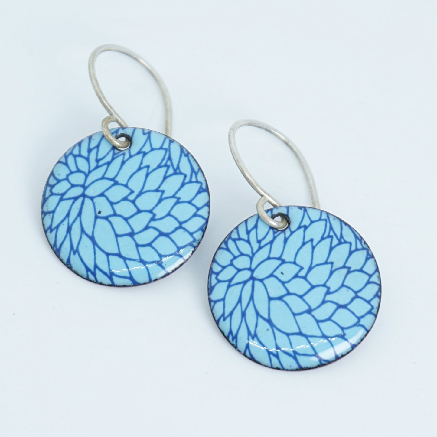 Blue Flower Accents on Light Blue Enamel Disc Earrings