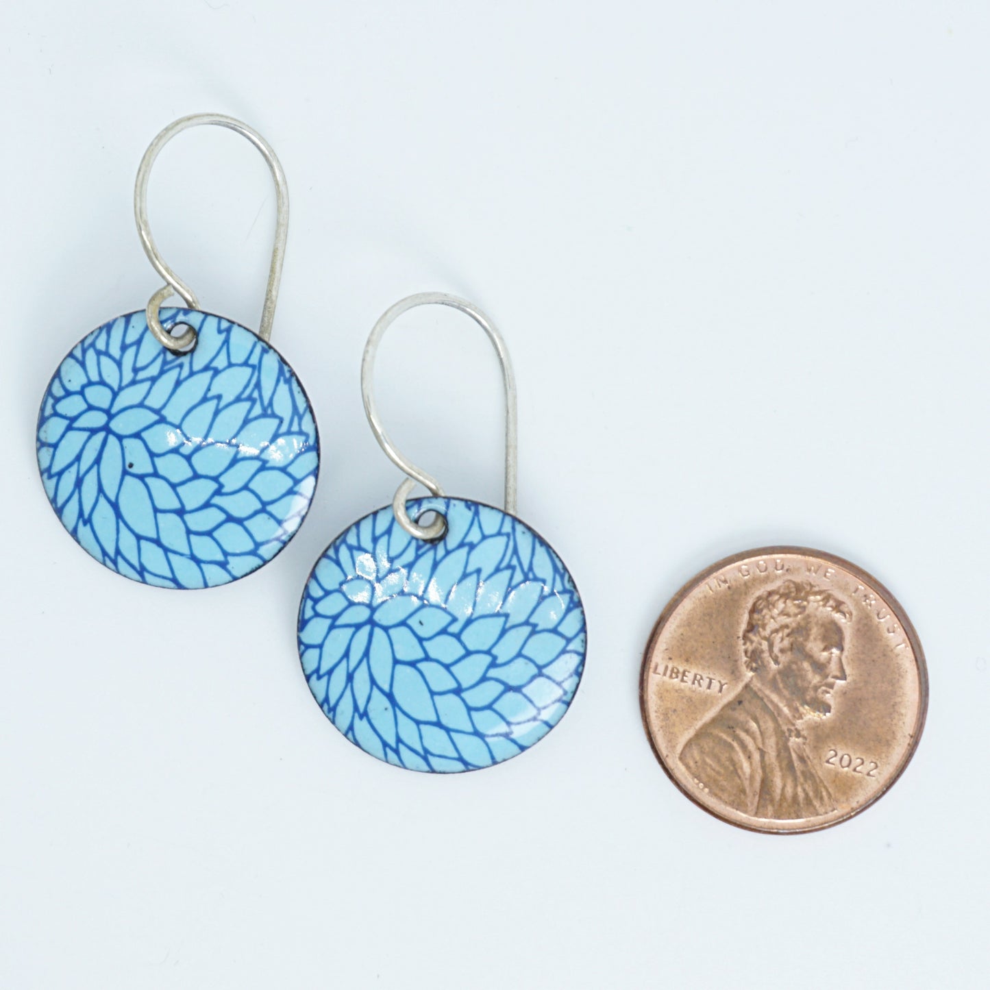 Blue Flower Accents on Light Blue Enamel Disc Earrings