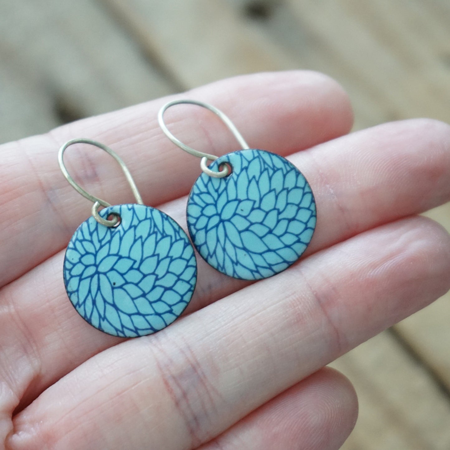 Blue Flower Accents on Light Blue Enamel Disc Earrings