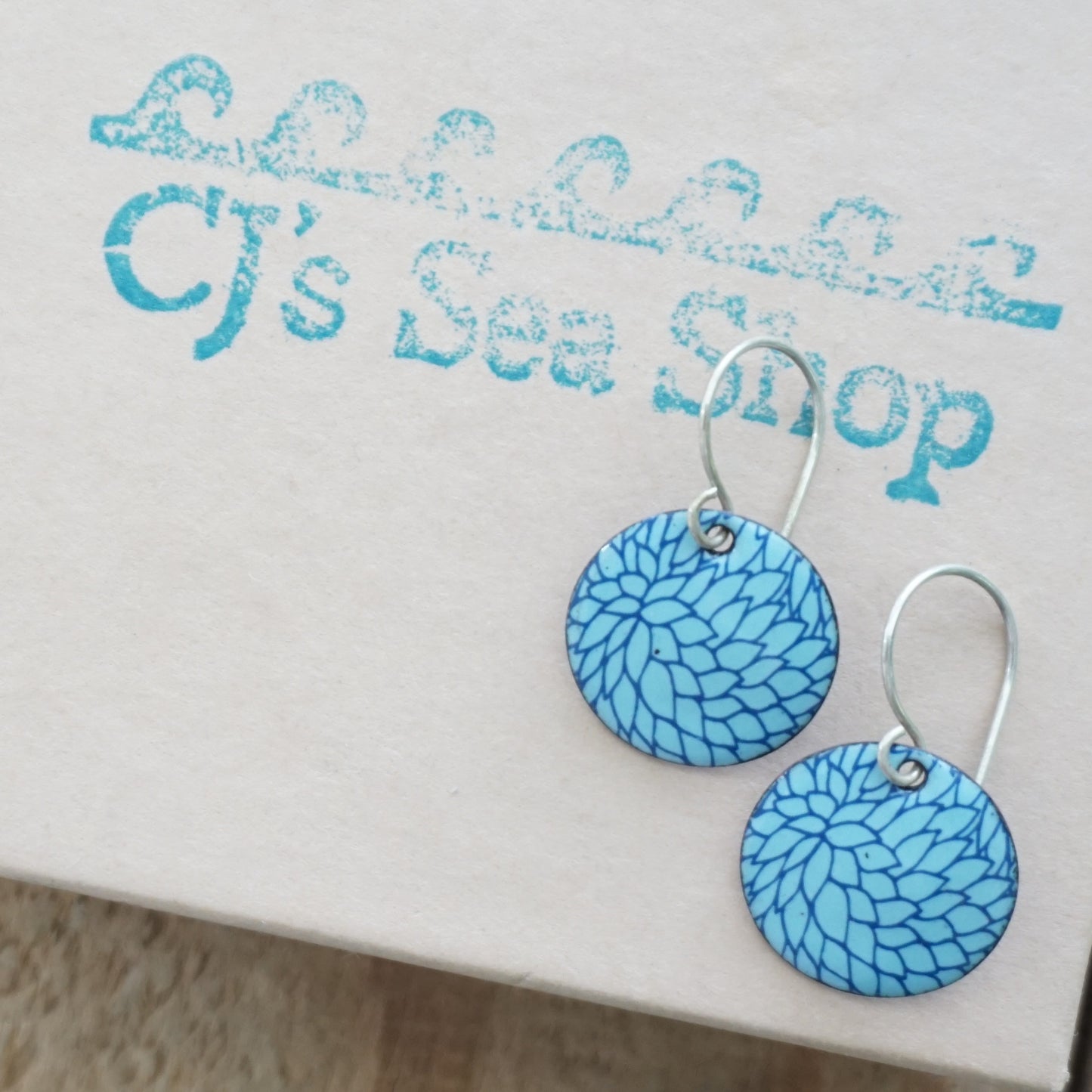 Blue Flower Accents on Light Blue Enamel Disc Earrings