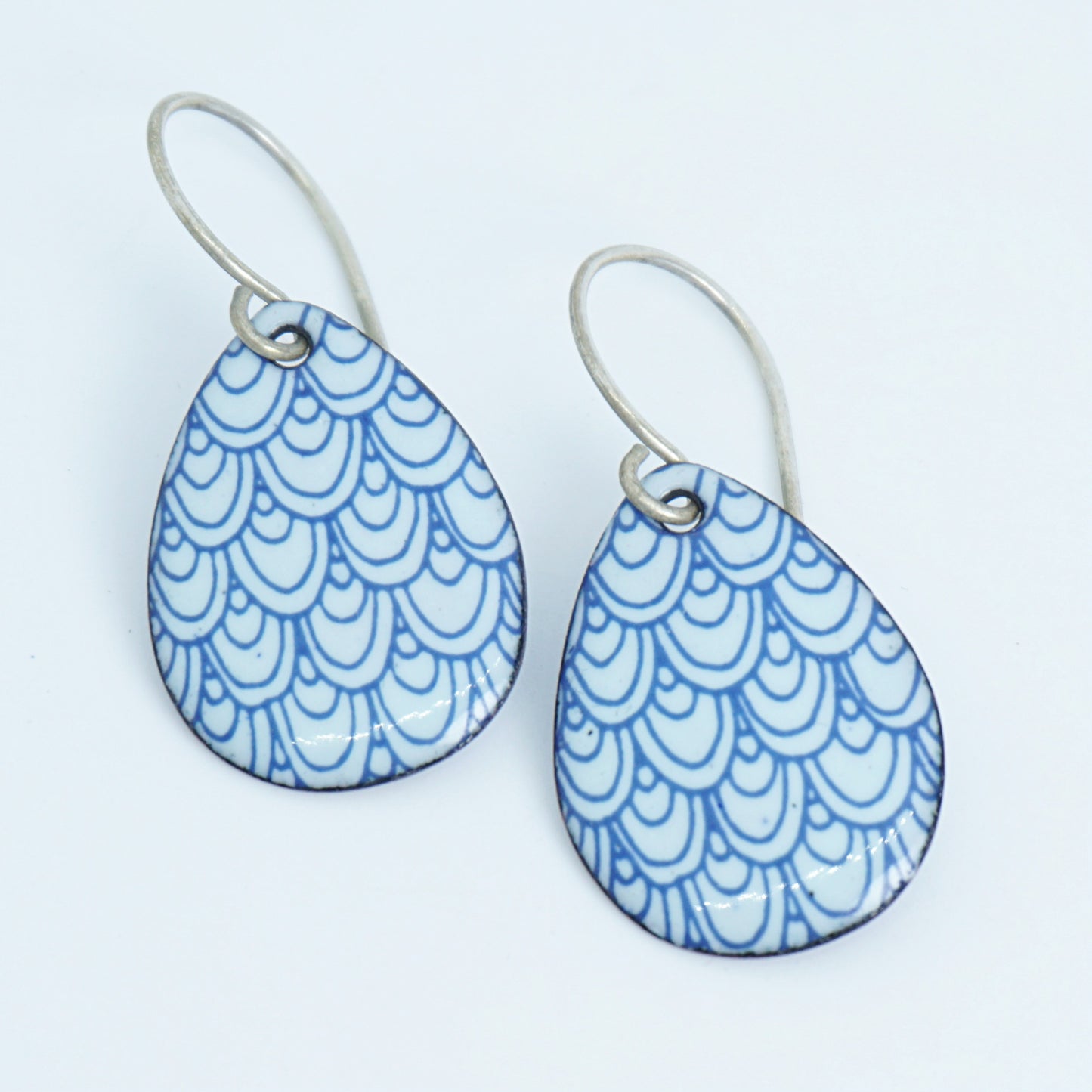 Blue Mermaid Scale Accents on White Enamel Teardrop Earrings