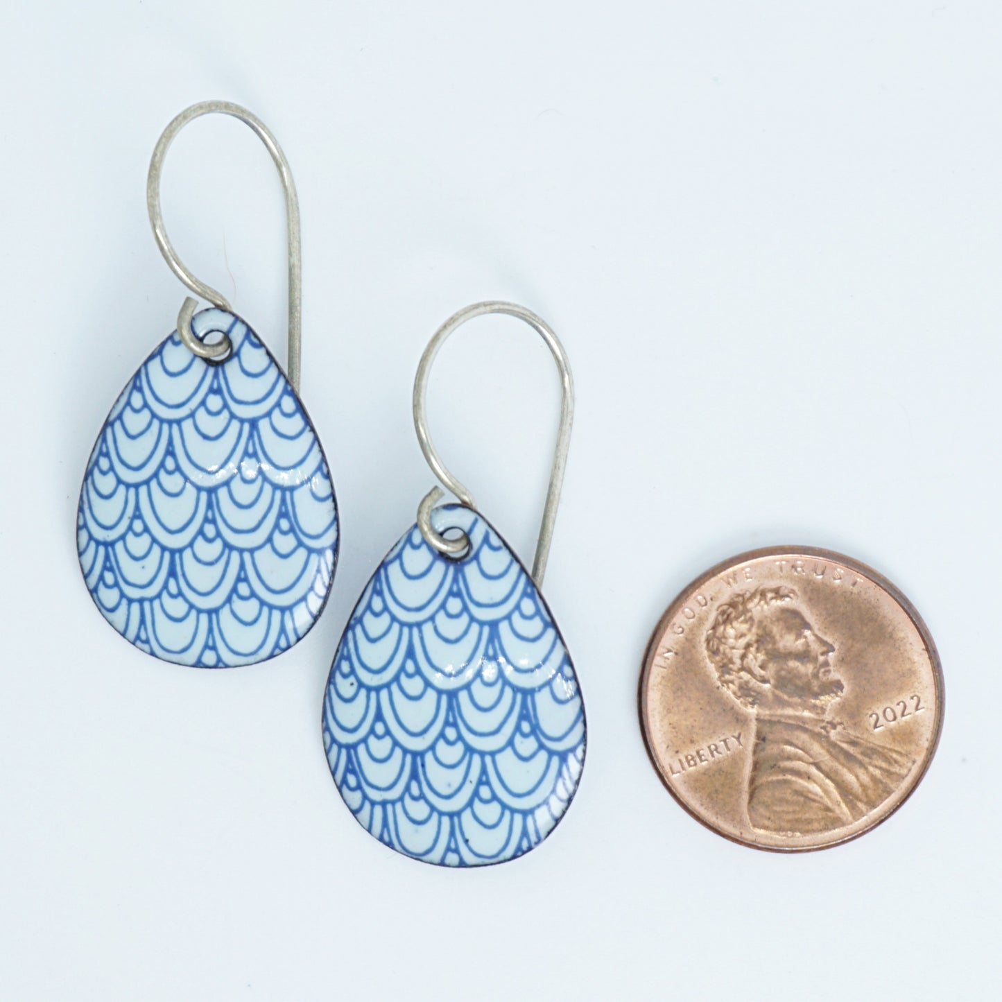 Blue Mermaid Scale Accents on White Enamel Teardrop Earrings