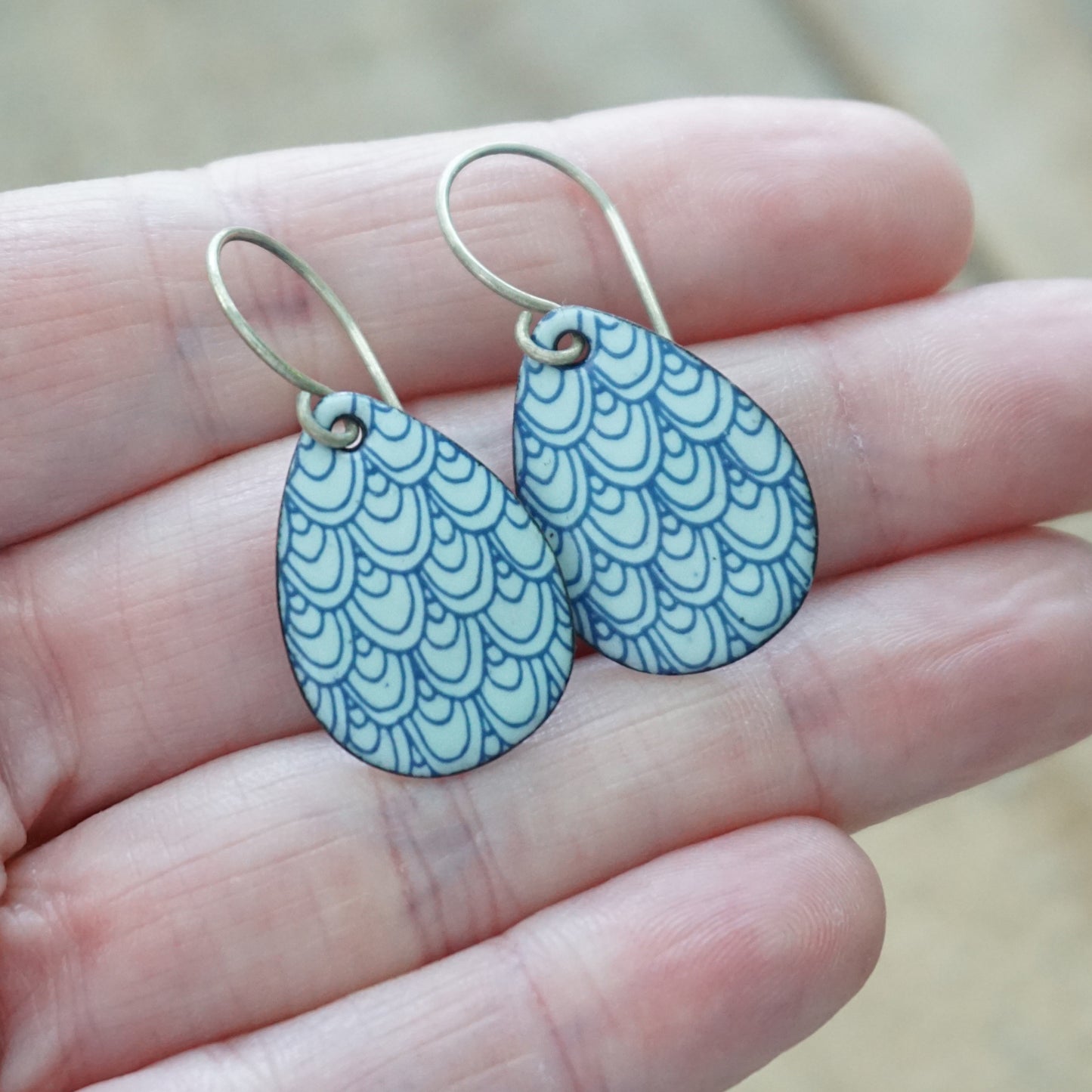 Blue Mermaid Scale Accents on White Enamel Teardrop Earrings