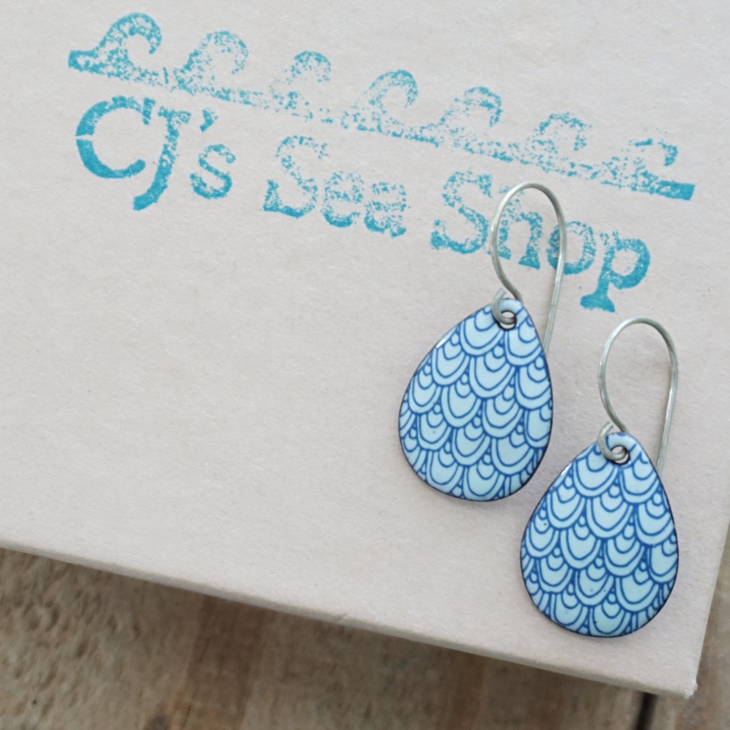 Blue Mermaid Scale Accents on White Enamel Teardrop Earrings