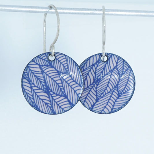 Blue Leaf Accents on Pink Enamel Disc Earrings