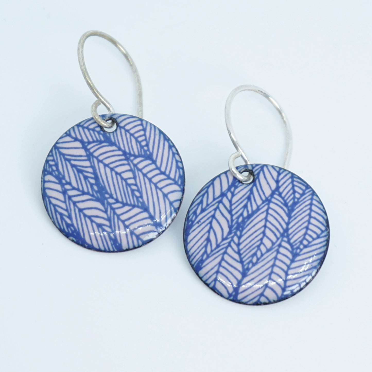 Blue Leaf Accents on Pink Enamel Disc Earrings