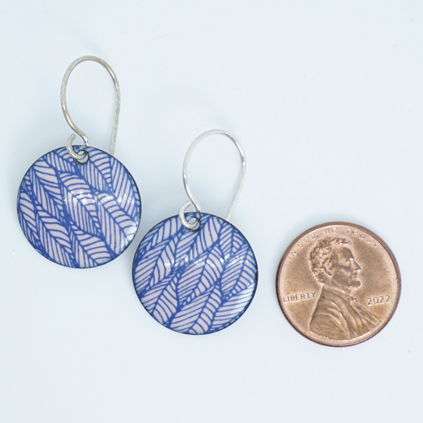 Blue Leaf Accents on Pink Enamel Disc Earrings