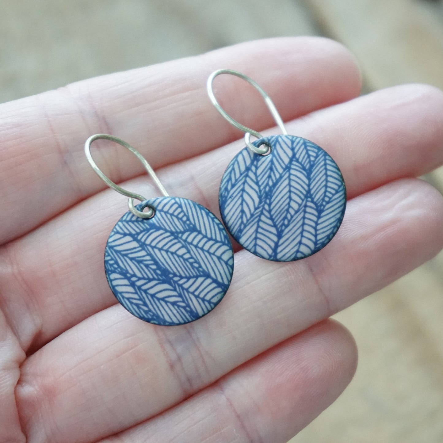 Blue Leaf Accents on Pink Enamel Disc Earrings