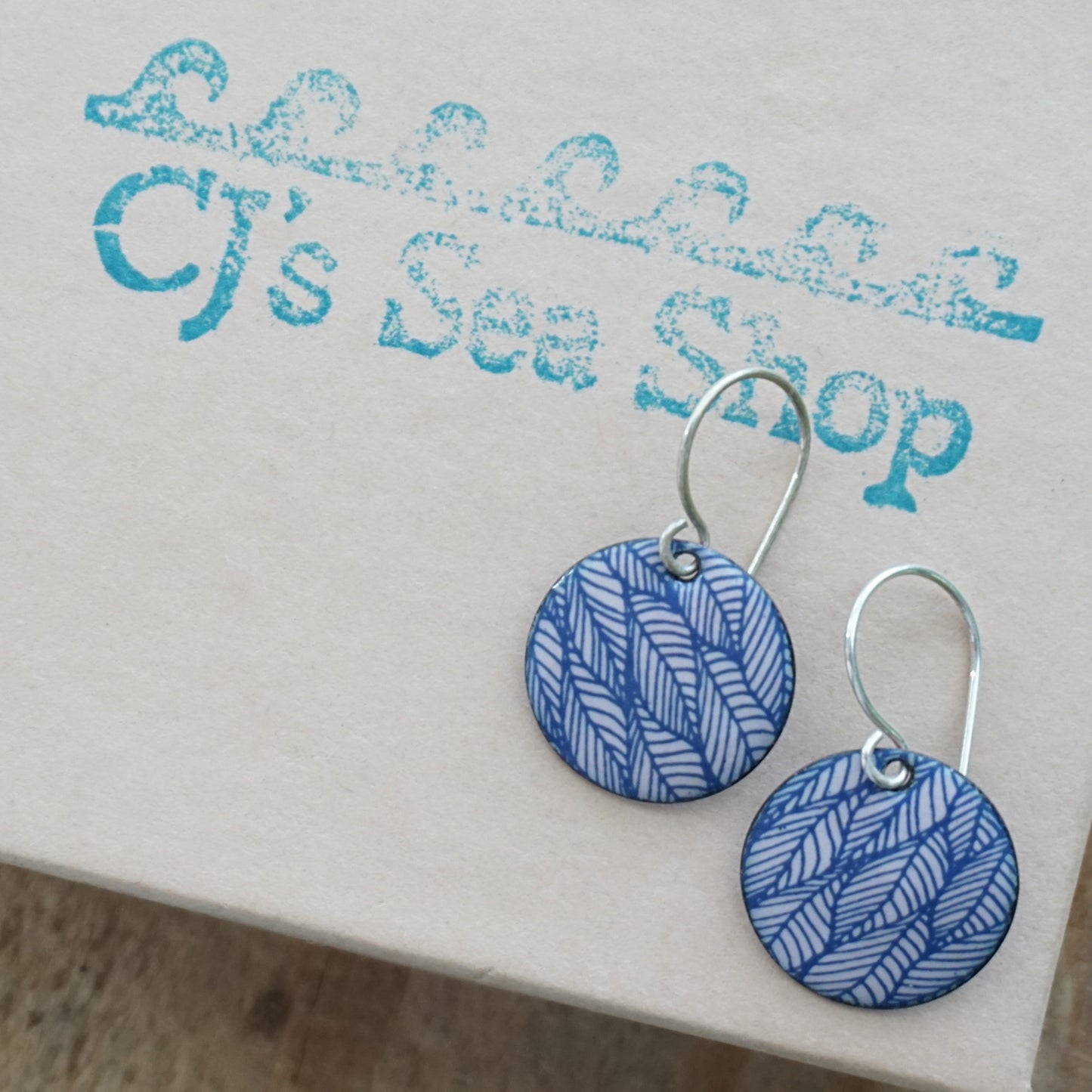 Blue Leaf Accents on Pink Enamel Disc Earrings
