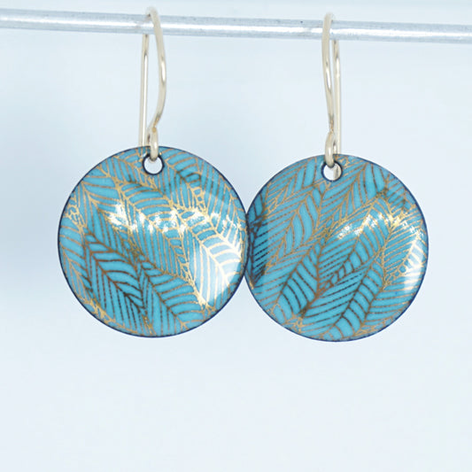 Gold Leaf Accents on Teal Green Enamel Disc Earrings