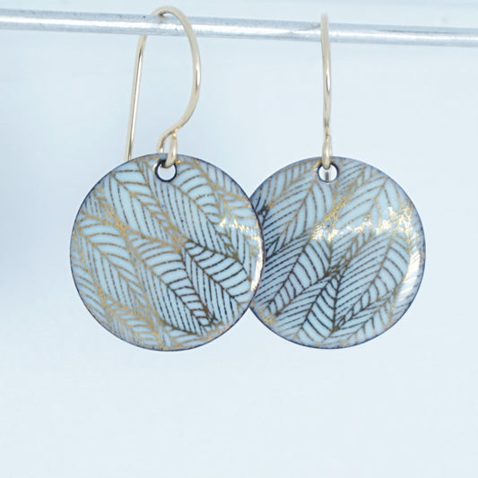 Gold Leaf Accents on Light Seafoam Green Enamel Disc Earrings