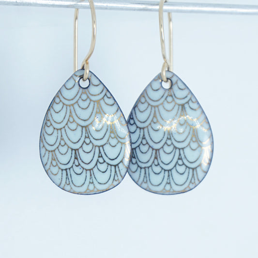 Gold Mermaid Scales on Light Seafoam Green Enamel Earrings