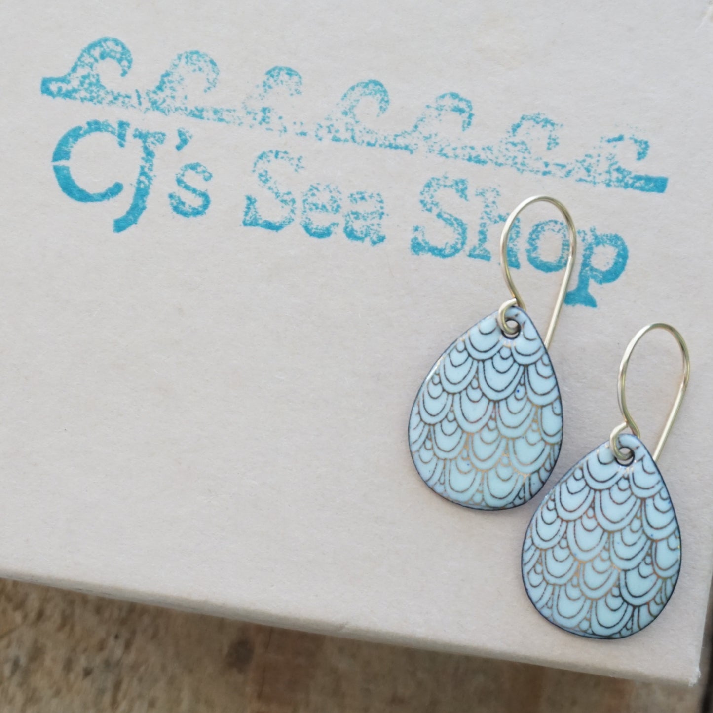 Gold Mermaid Scales on Light Seafoam Green Enamel Earrings
