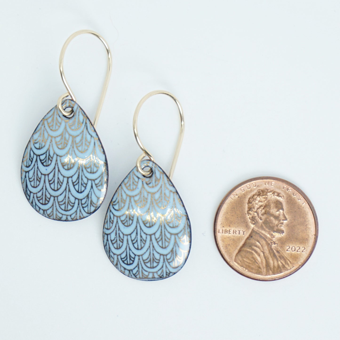 Gold Mermaid Scales on Light Blue Enamel Earrings