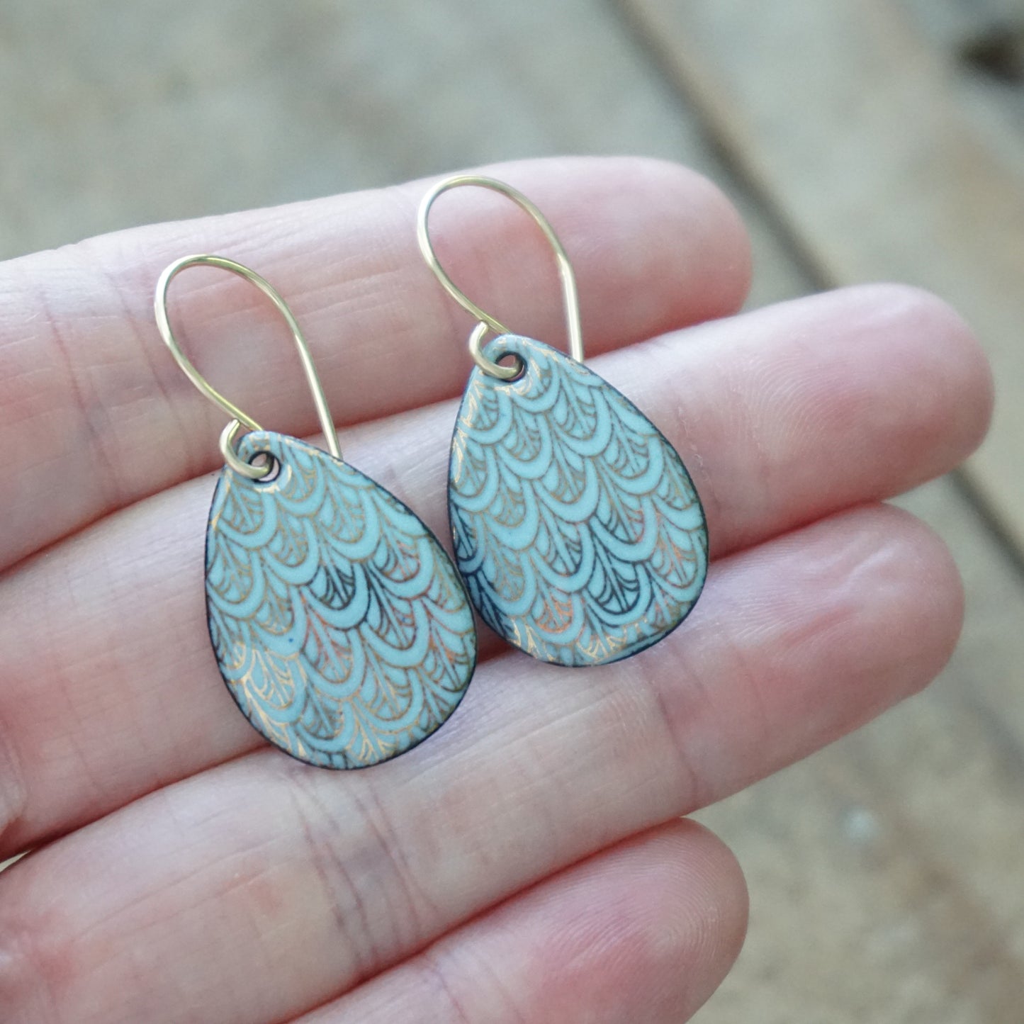 Gold Mermaid Scales on Light Blue Enamel Earrings