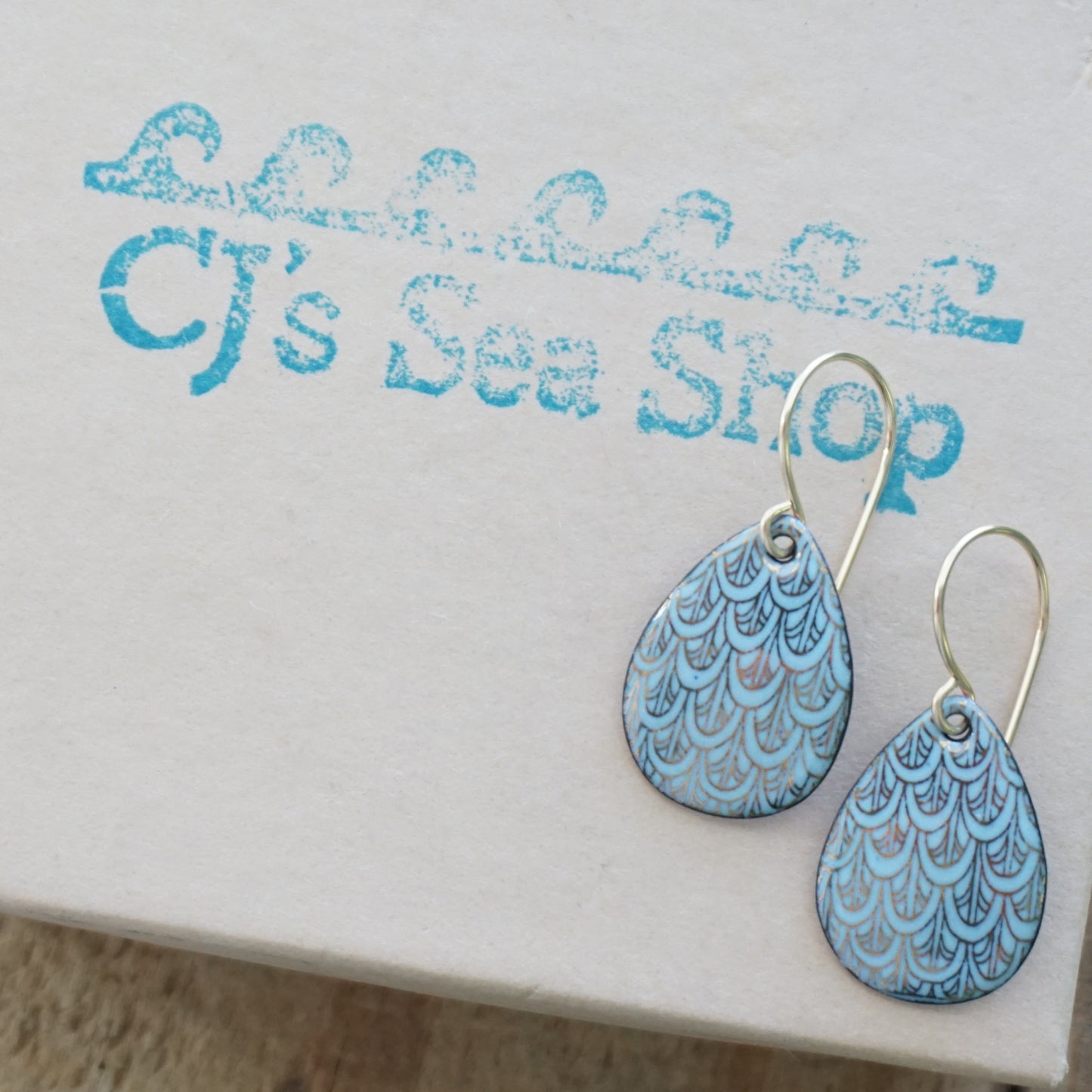 Gold Mermaid Scales on Light Blue Enamel Earrings