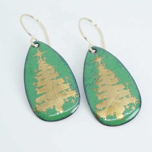 Gold Christmas Trees on Green Enamel Teardrop Earrings