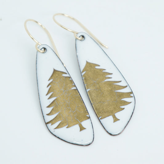 Gold Christmas Trees on White Enamel Teardrop Earrings