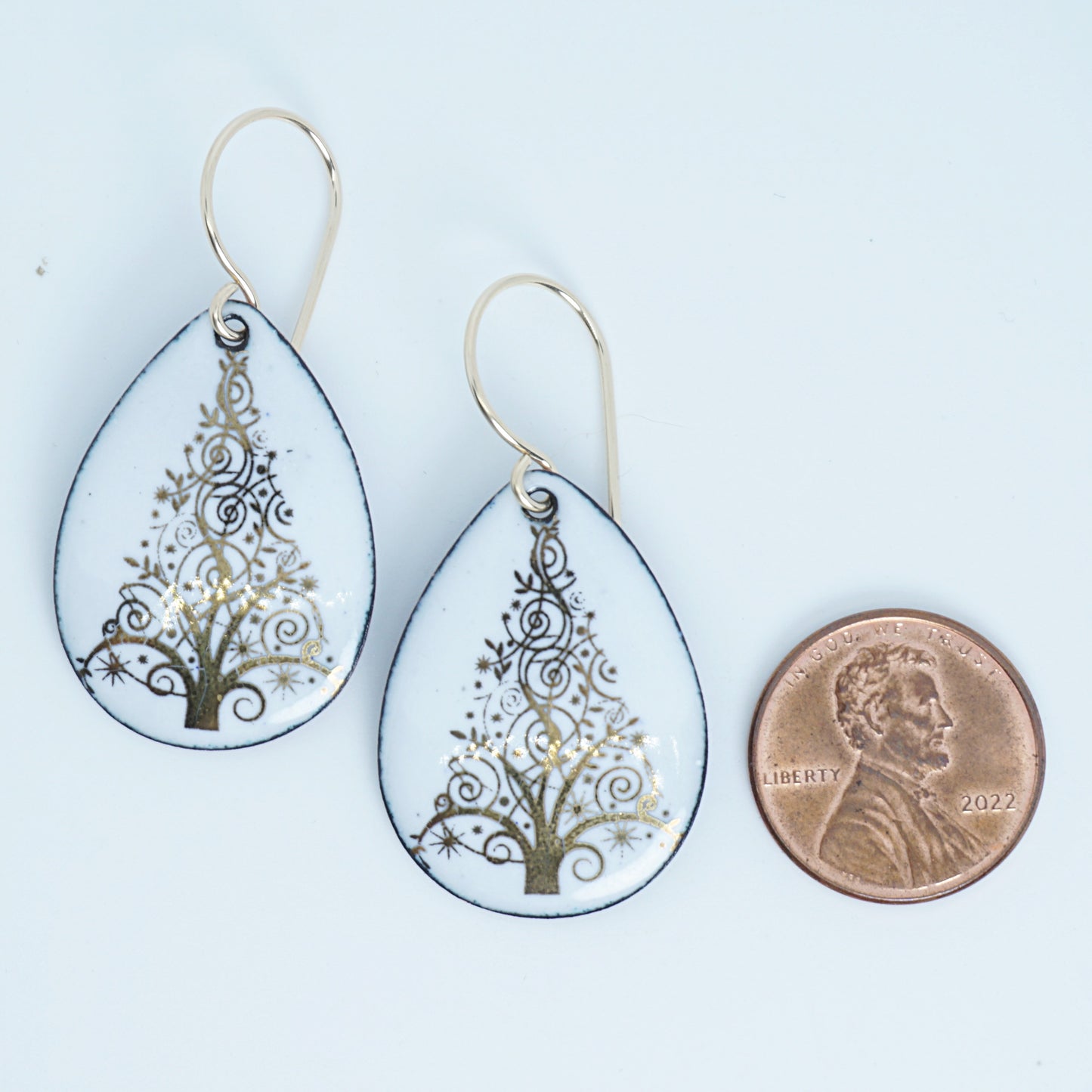 Gold Christmas Trees on White Enamel Teardrop Earrings