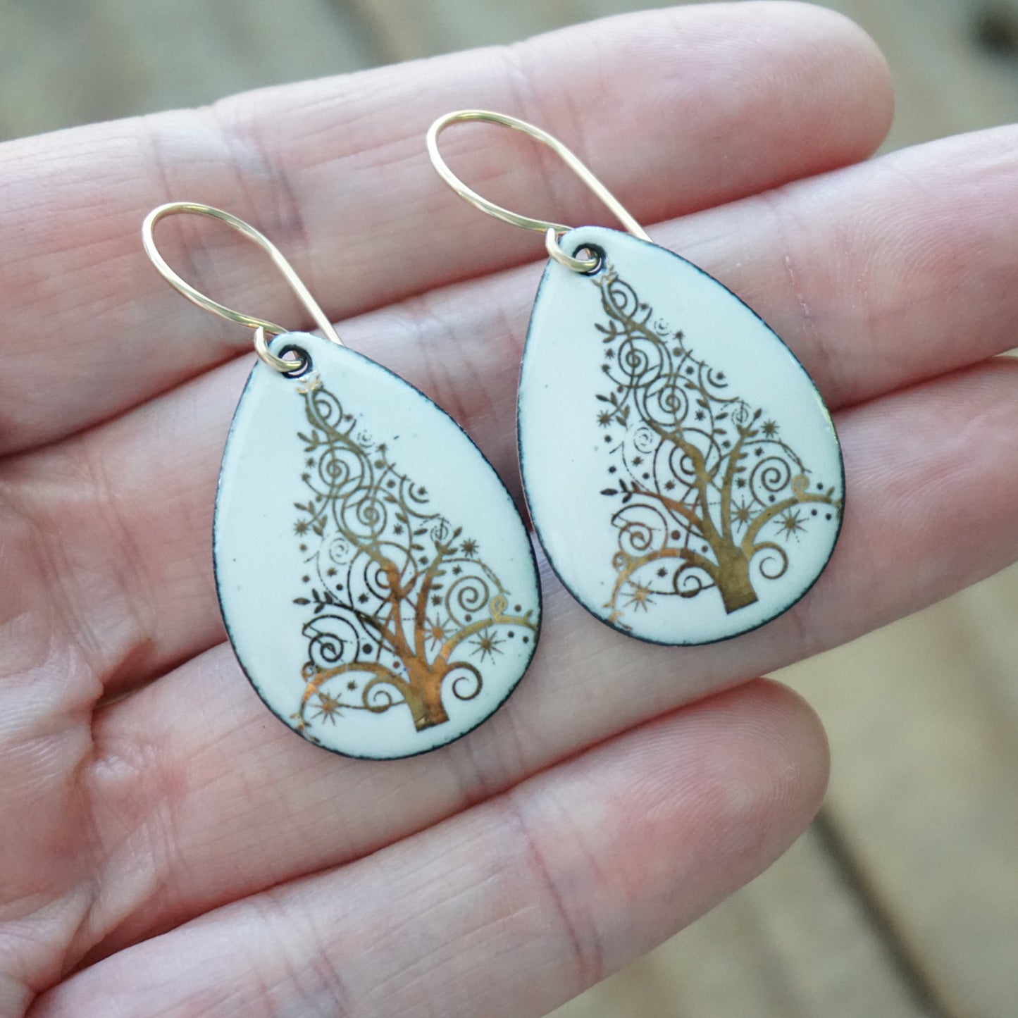 Gold Christmas Trees on White Enamel Teardrop Earrings