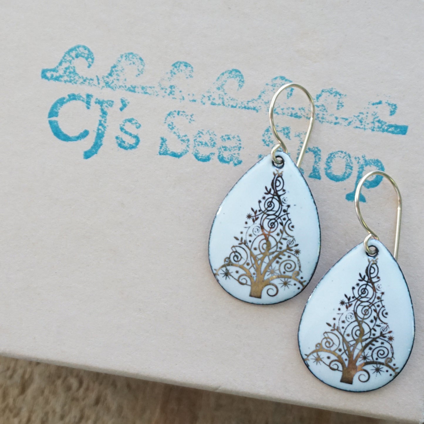 Gold Christmas Trees on White Enamel Teardrop Earrings
