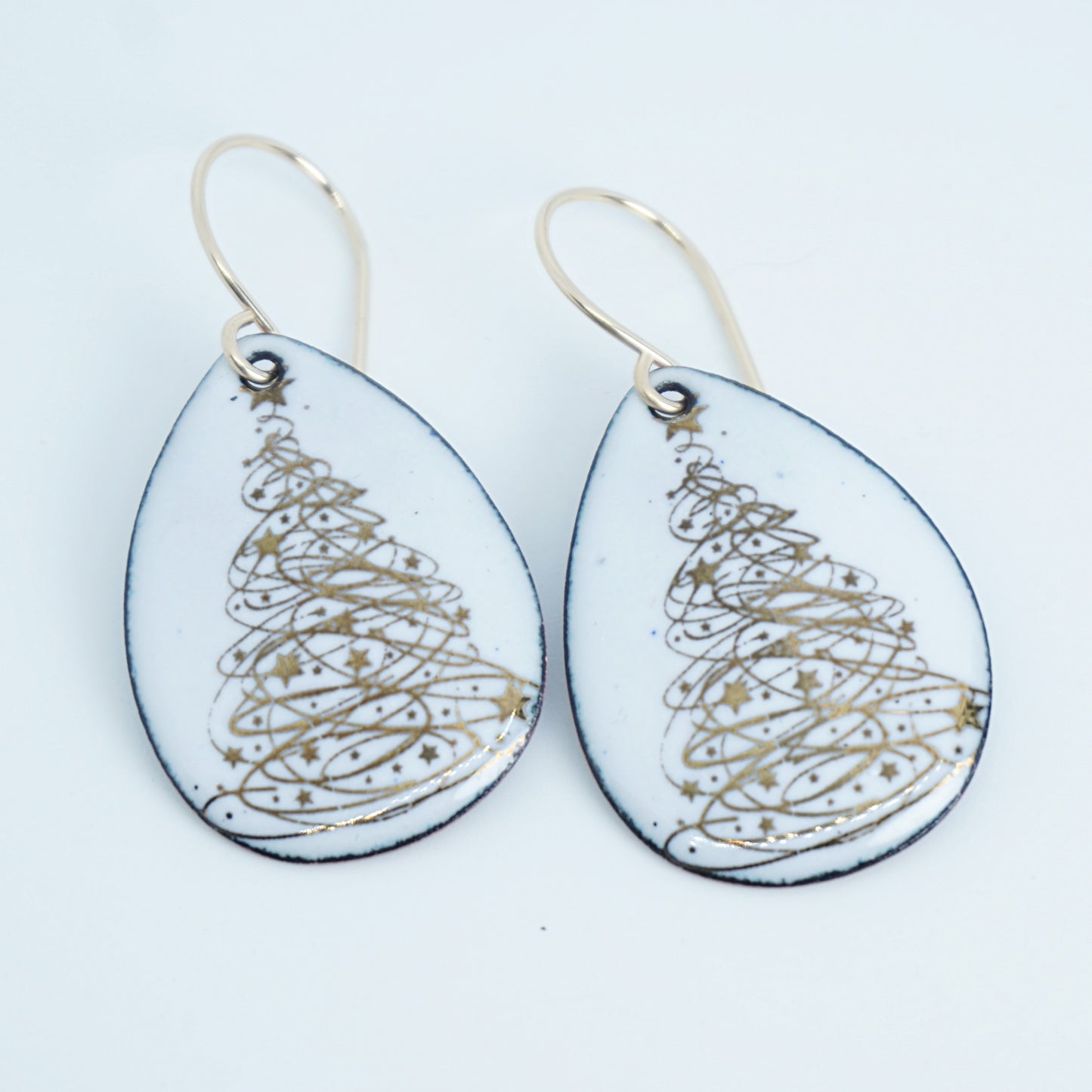 Gold Christmas Trees on White Enamel Teardrop Earrings