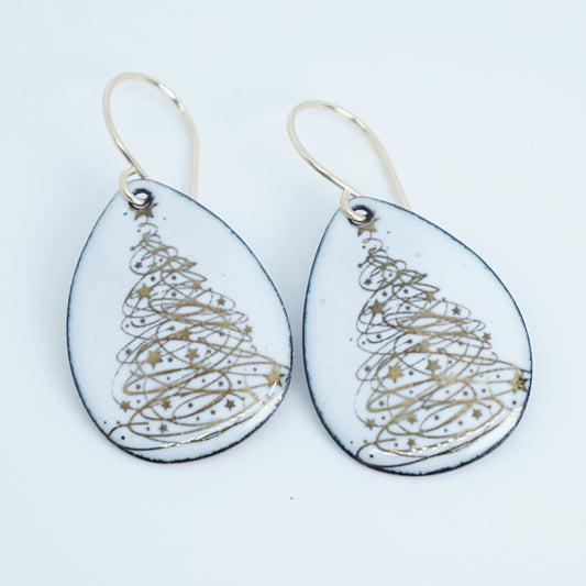 Gold Christmas Trees on White Enamel Teardrop Earrings