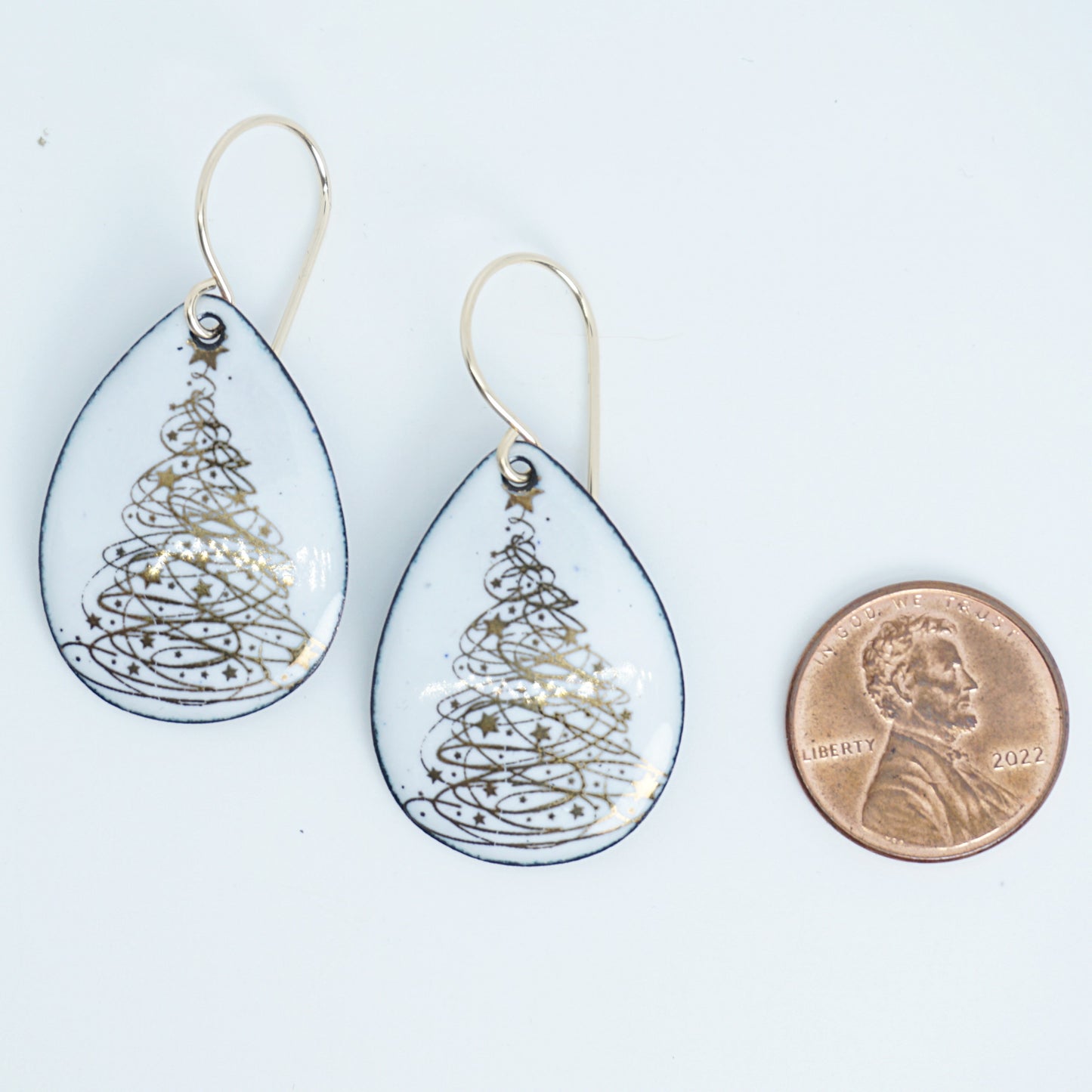 Gold Christmas Trees on White Enamel Teardrop Earrings