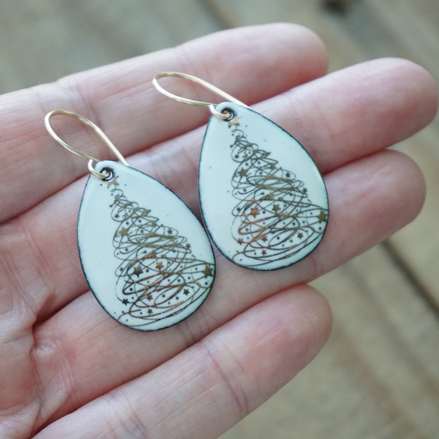 Gold Christmas Trees on White Enamel Teardrop Earrings