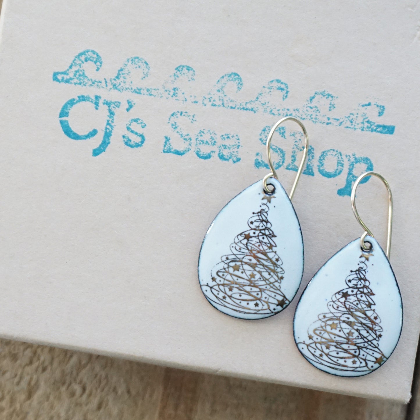 Gold Christmas Trees on White Enamel Teardrop Earrings