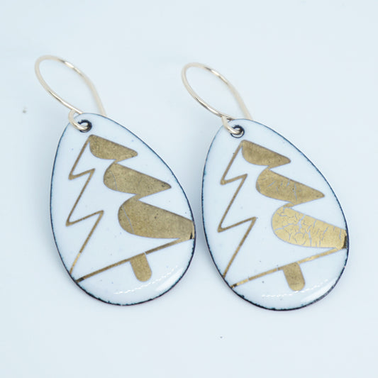 Gold Christmas Trees on White Enamel Teardrop Earrings