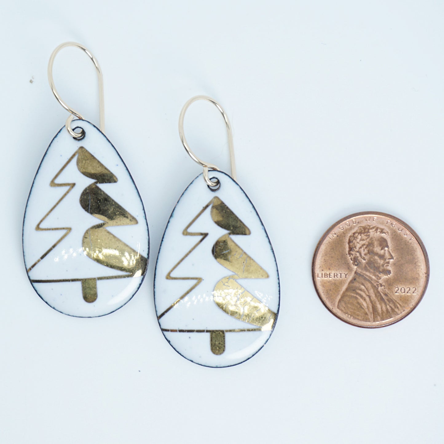 Gold Christmas Trees on White Enamel Teardrop Earrings