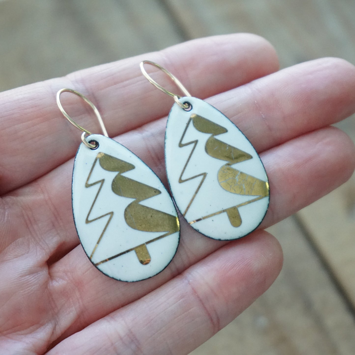 Gold Christmas Trees on White Enamel Teardrop Earrings