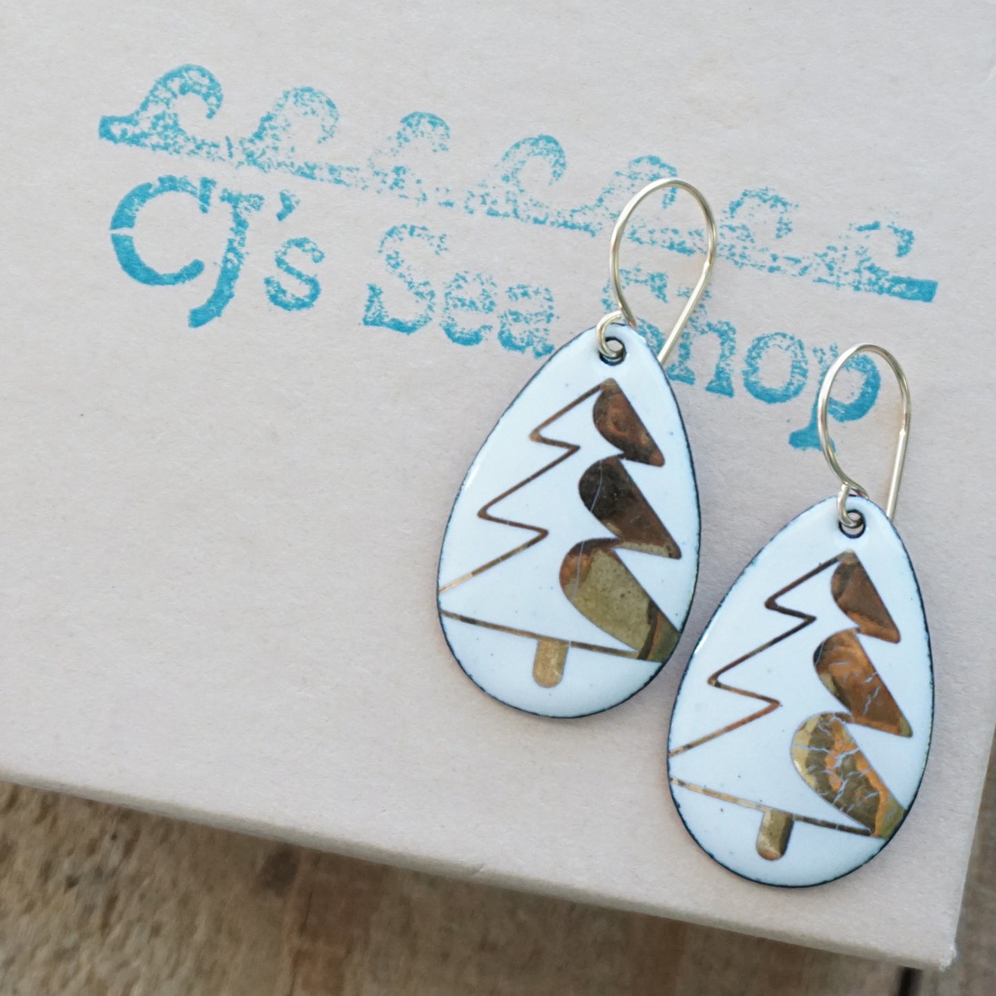 Gold Christmas Trees on White Enamel Teardrop Earrings