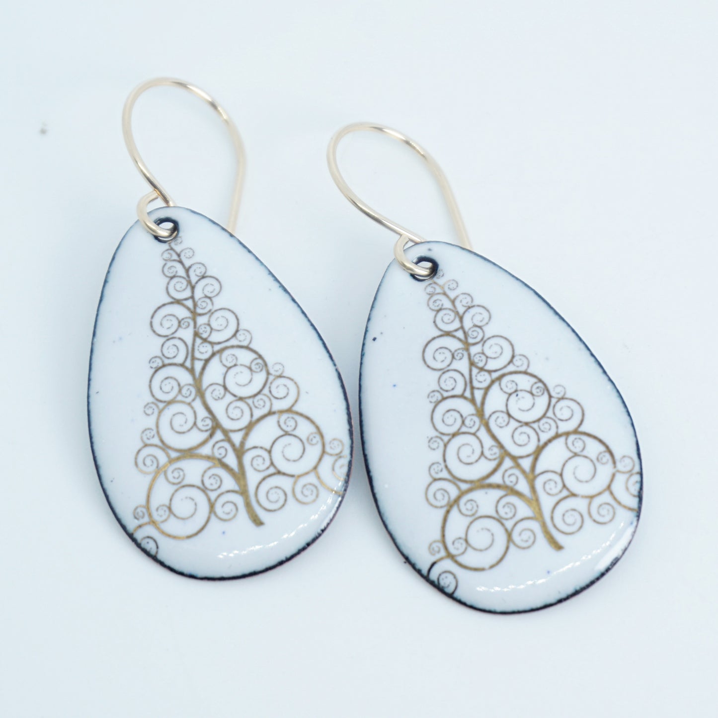 Gold Christmas Trees on White Enamel Teardrop Earrings