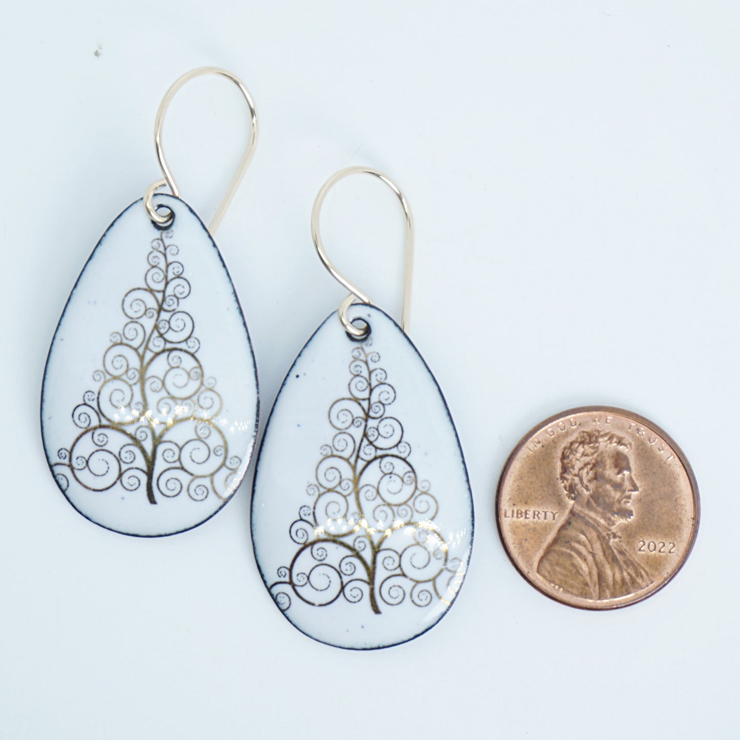Gold Christmas Trees on White Enamel Teardrop Earrings