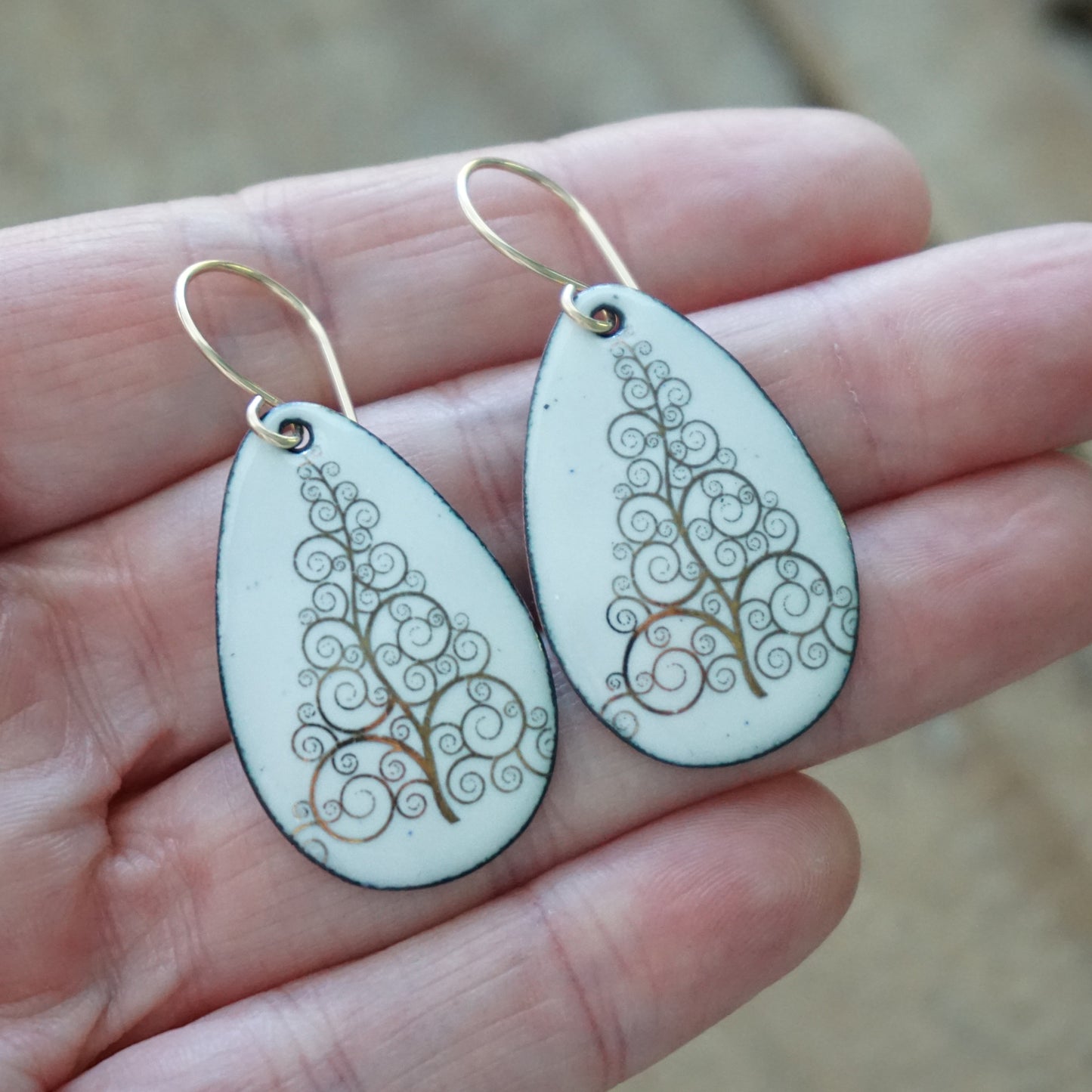 Gold Christmas Trees on White Enamel Teardrop Earrings