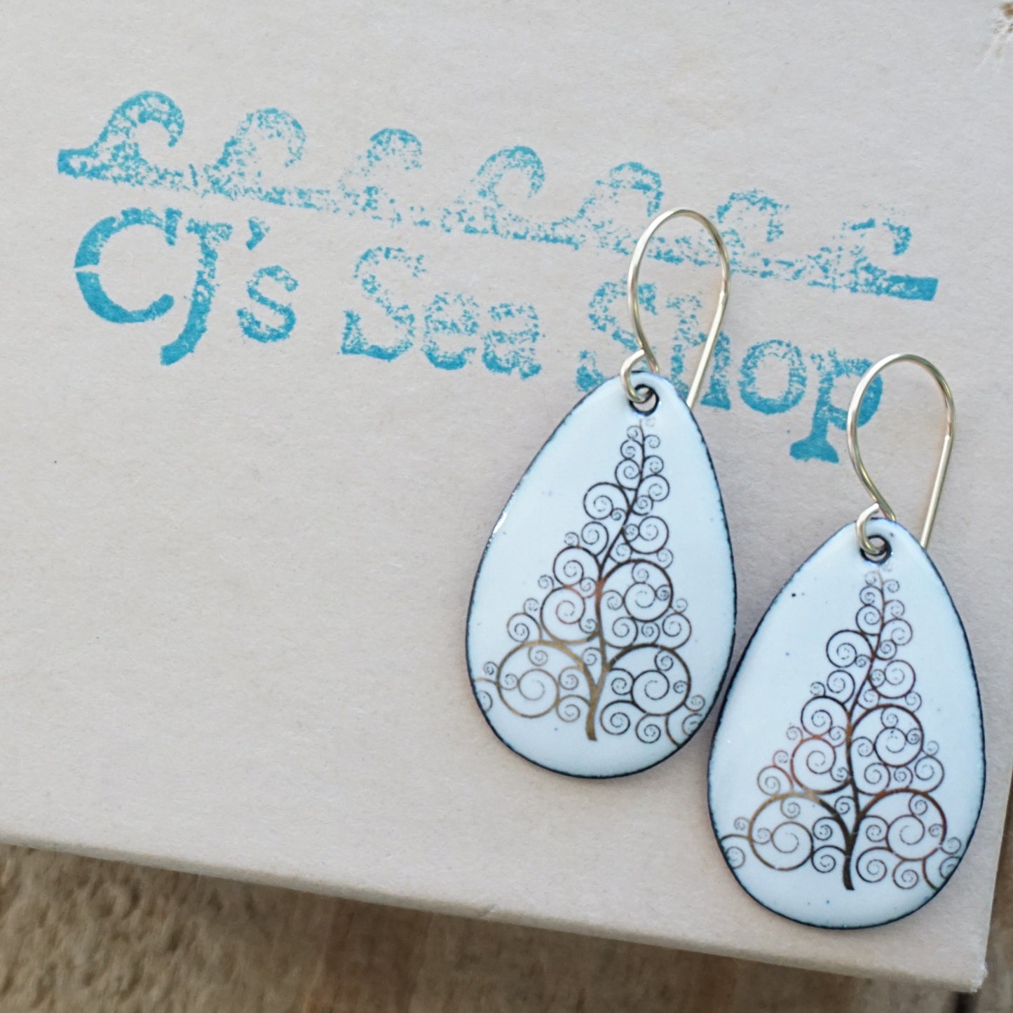 Gold Christmas Trees on White Enamel Teardrop Earrings
