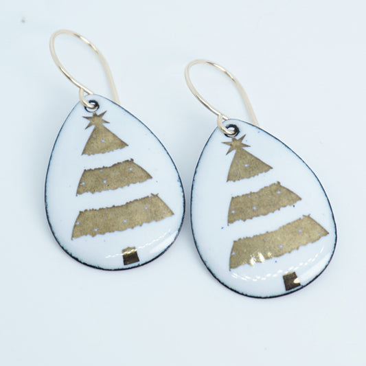 Gold Christmas Trees on White Enamel Teardrop Earrings