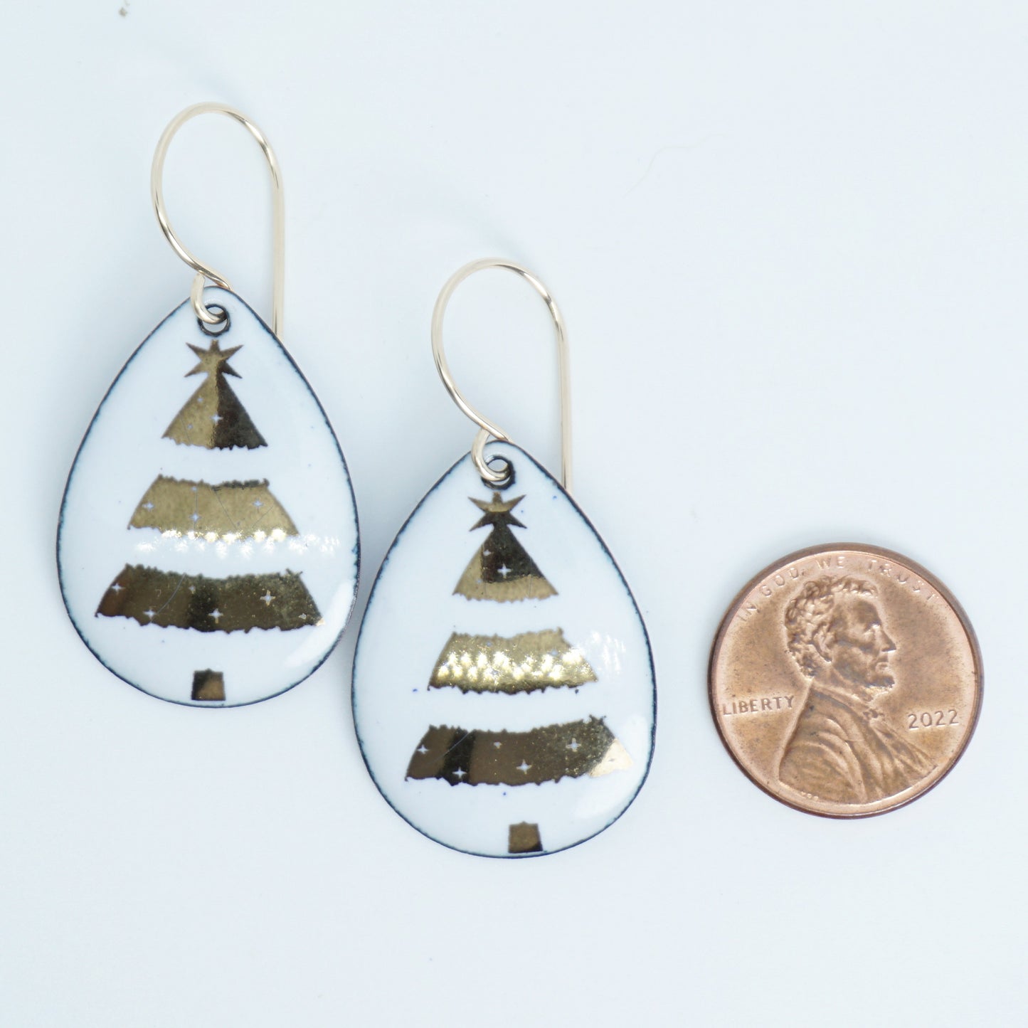 Gold Christmas Trees on White Enamel Teardrop Earrings