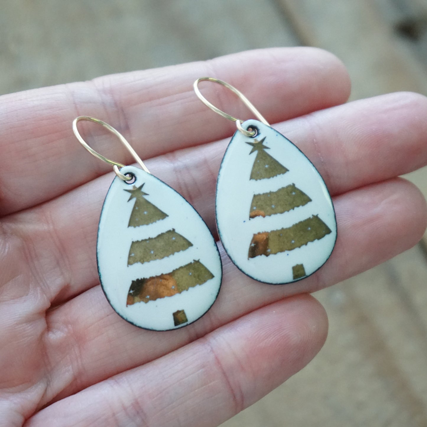 Gold Christmas Trees on White Enamel Teardrop Earrings