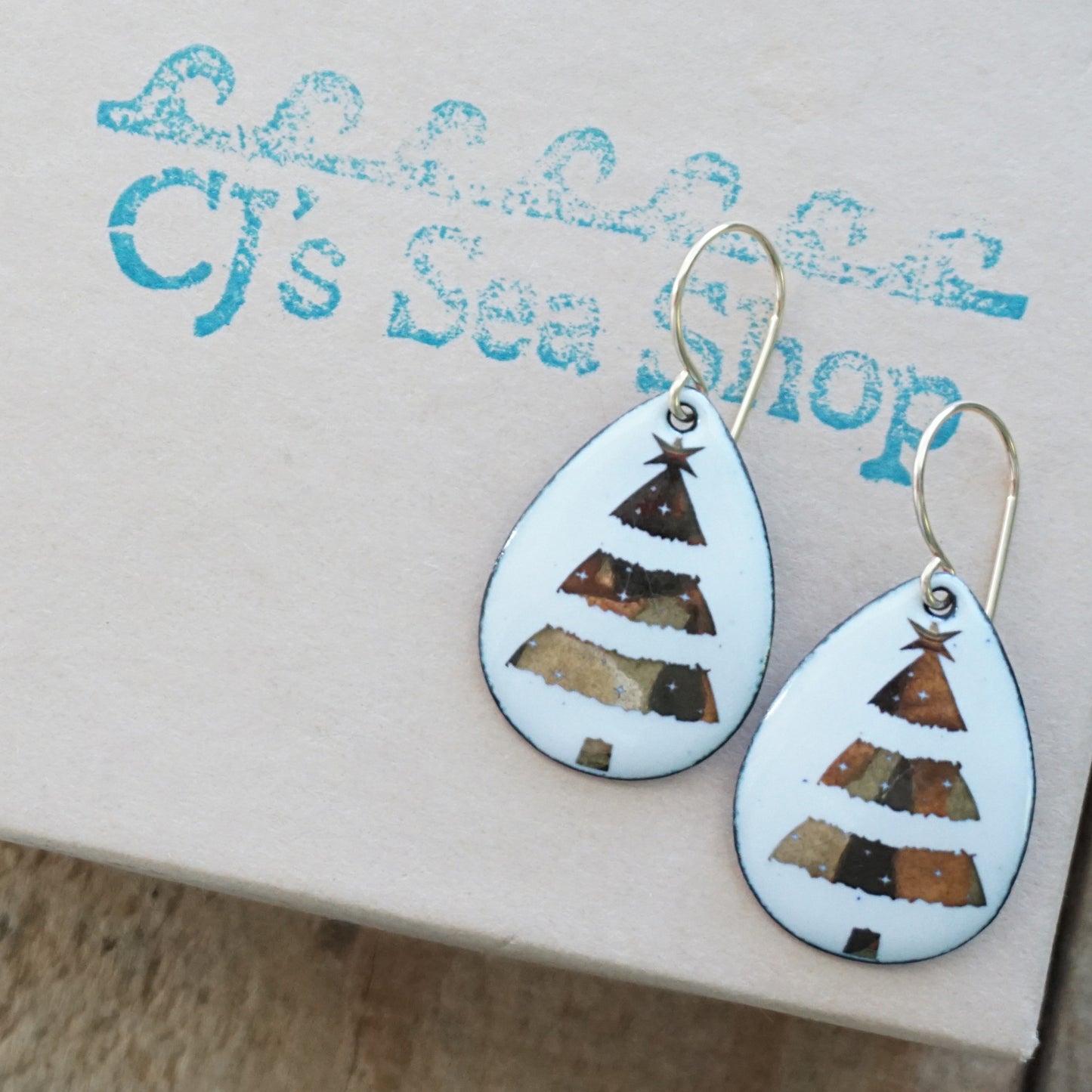 Gold Christmas Trees on White Enamel Teardrop Earrings
