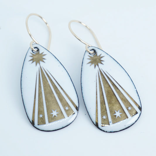 Gold Christmas Trees on White Enamel Teardrop Earrings