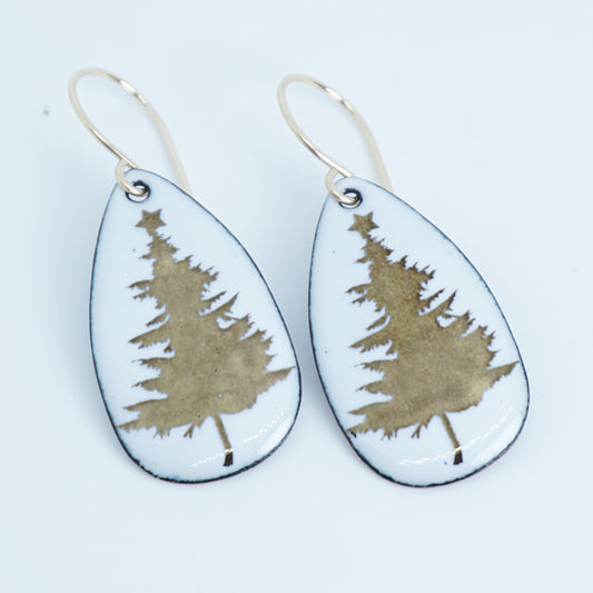 Gold Christmas Trees on White Enamel Teardrop Earrings